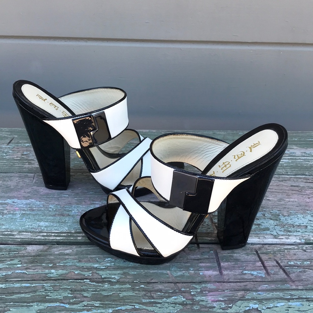 L.A.M.B black and white open toe heel shoes 8